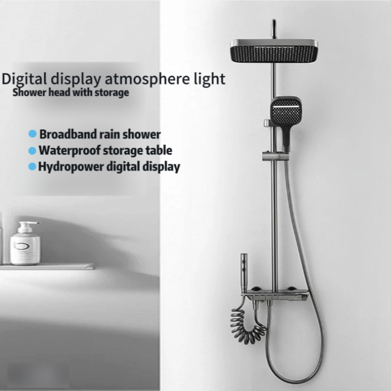 Shower System Thermostatic Piano Key Shower Faucet Set with Digital Display Ambient Lights Shower Combo Set with 12" Rain Shower Head, Tub Spout, Hand Shower, Bidet Sprayer, Gray