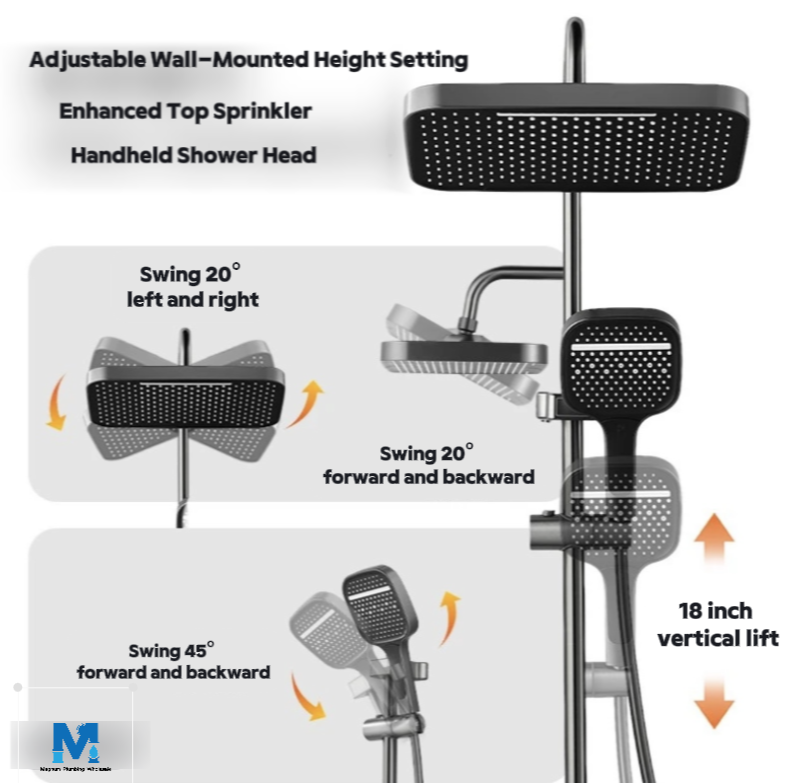 Shower System Thermostatic Piano Key Shower Faucet Set with Digital Display Ambient Lights Shower Combo Set with 12" Rain Shower Head, Tub Spout, Hand Shower, Bidet Sprayer, Gray