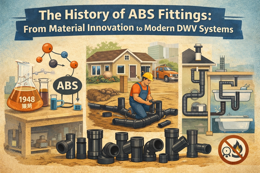 Illustration showing the history of ABS fittings from early material development to modern DWV plumbing systems.